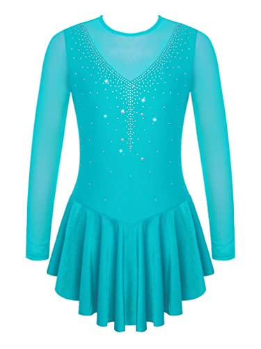 YiZYiF Kinder Mädchen Eiskunstlauf Kleid Langarm Tanzkleid Glitzer Ballett Trikot Rollschuhkleid Turnanzug Wettbewerb Tanzkleidung Türkis_C 146-152/11-12 Jahre von YiZYiF