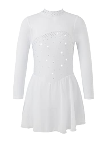 YiZYiF Kinder Mädchen Eiskunstlauf Kleid Langarm Tanzkleid Glitzer Ballett Trikot Rollschuhkleid Turnanzug Wettbewerb Tanzkleidung Weiß_B 134-140/9-10 Jahre von YiZYiF