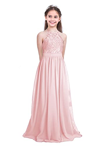 YiZYiF Kinder Mädchen Festliches Kleid Neckholder Prinzessin Kleider A-Linie Hochzeit Brautjungfernkleid Party Festzug Abendkleid Gr.104-164 C Perlen Rosa (Maxi) 164 von YiZYiF
