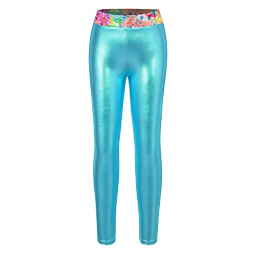 YiZYiF Kinder Mädchen Glanz Metallic Leggings Glänzend Sport Tanzhose Skinny Hip Hop Jazz Hose Performance Pants Türkis_E 134-140/9-10 Jahre von YiZYiF