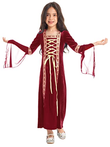 YiZYiF Kinder Mädchen Halloween Kostüm Langarm Hexe Kostüm Kleid Mittelalter Vampir Karneval Fasching Party Cosplay Kleidung Burgundy 158-164/13-14 Jahre von YiZYiF
