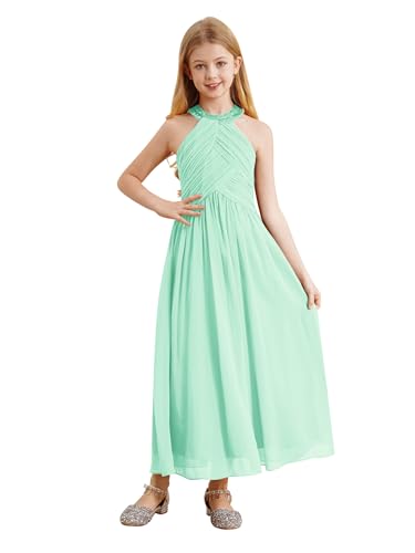 YiZYiF Kinder Mädchen Kleid Festlich Neckholder Chiffon Prinzessin Kleid Hochzeit Blumenmädchenkleid Partykleid Ballkleid Lang Gr.110-170 Minzgrün 146-152 von YiZYiF