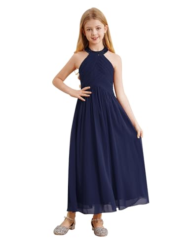 YiZYiF Kinder Mädchen Kleid Festlich Neckholder Chiffon Prinzessin Kleid Hochzeit Blumenmädchenkleid Partykleid Ballkleid Lang Gr.110-170 Navy blau 170 von YiZYiF