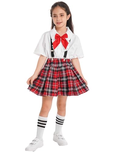 YiZYiF Kinder Mädchen Schuluniform Kurzarm Bluse Minirock Mit Hosenträger Krawatte Set Karneval Fasching Sommer Freizeit Bekleidungsset Weiß 122-128 von YiZYiF