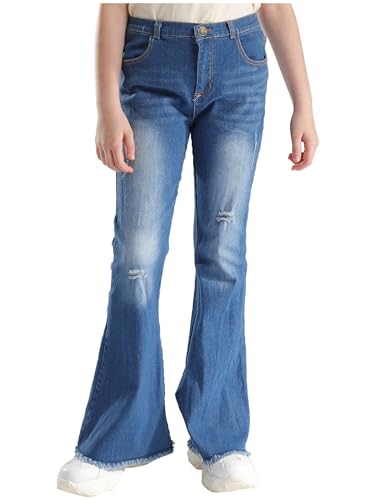 YiZYiF Kinder Mädchen Skinny Schlaghosen High Waist Stretch Riss Jeanshosen Flared Pants mit Weitem Bein Freizeit Hose Leggings Schlupfhosen Lang Y_Blau 134-140/9-10 Jahre von YiZYiF