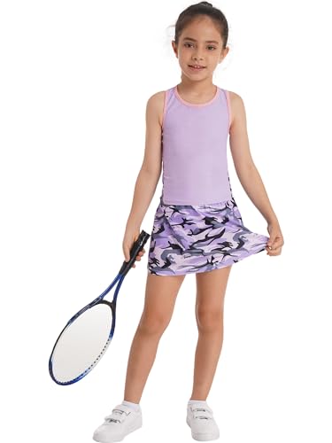 YiZYiF Kinder Mädchen Tennis Set Sportkleid Golf Tennisrock Skort Mit Racerback Shirt Workout Fitness Laufen Tanz Badminton Kleidung Camouflage-Lila 110-116 von YiZYiF