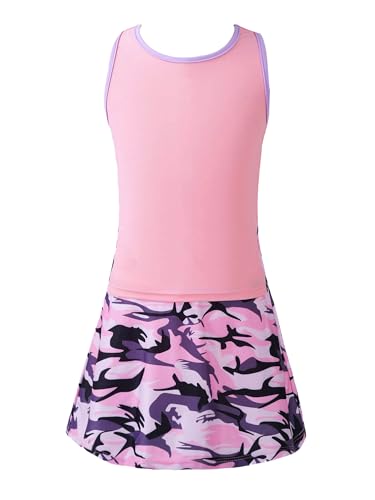 YiZYiF Kinder Mädchen Tennis Set Sportkleid Golf Tennisrock Skort Mit Racerback Shirt Workout Fitness Laufen Tanz Badminton Kleidung Camouflage-Rosa 134-140 von YiZYiF