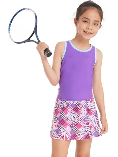 YiZYiF Kinder Mädchen Tennis Set Sportkleid Golf Tennisrock Skort Mit Racerback Shirt Workout Fitness Laufen Tanz Badminton Kleidung Violett 134-140 von YiZYiF