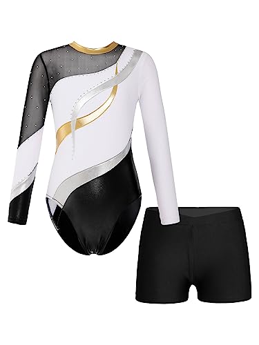 YiZYiF Kinder Mädchen Turnanzug Mit Hose Langarm Glitzer Gymnastik Body Gymnastik Shorts Set Ballett Tanzkleidung Wettbewerb Traininganzug Weiß_A 134-140 von YiZYiF