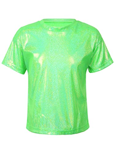 YiZYiF Kinder Metallic T-Shirt Mädchen Jungen Glänzend Shirt Top Hip Hop Jazz Festival Performance Party Tanzkleidung Oberteil Neongrün 146-152/11-12 Jahre von YiZYiF
