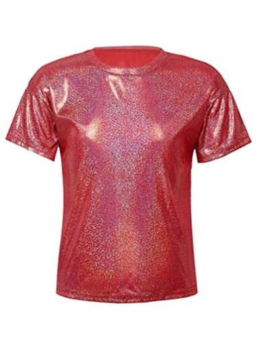 YiZYiF Kinder Metallic T-Shirt Mädchen Jungen Glänzend Shirt Top Hip Hop Jazz Festival Performance Party Tanzkleidung Oberteil Rot 110-116/5-6 Jahre von YiZYiF