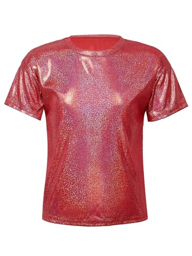 YiZYiF Kinder Metallic T-Shirt Mädchen Jungen Glänzend Shirt Top Hip Hop Jazz Festival Performance Party Tanzkleidung Oberteil Rot 146-152/11-12 Jahre von YiZYiF