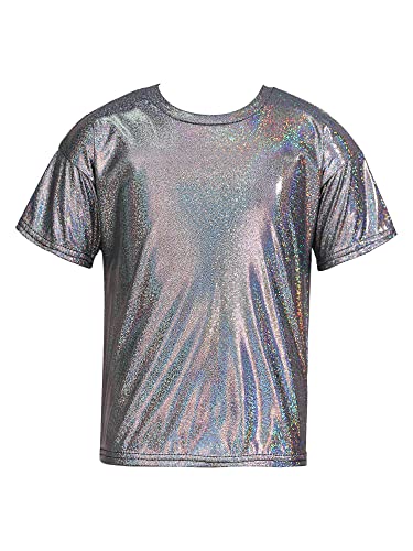 YiZYiF Kinder Metallic T-Shirt Mädchen Jungen Glänzend Shirt Top Hip Hop Jazz Festival Performance Party Tanzkleidung Oberteil Schwarz 134-140/9-10 Jahre von YiZYiF