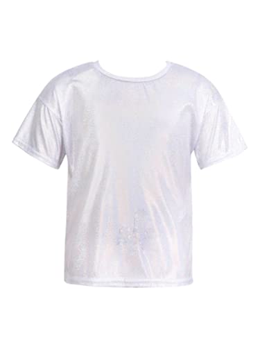 YiZYiF Kinder Metallic T-Shirt Mädchen Jungen Glänzend Shirt Top Hip Hop Jazz Festival Performance Party Tanzkleidung Oberteil Silber 158-164/13-14 Jahre von YiZYiF