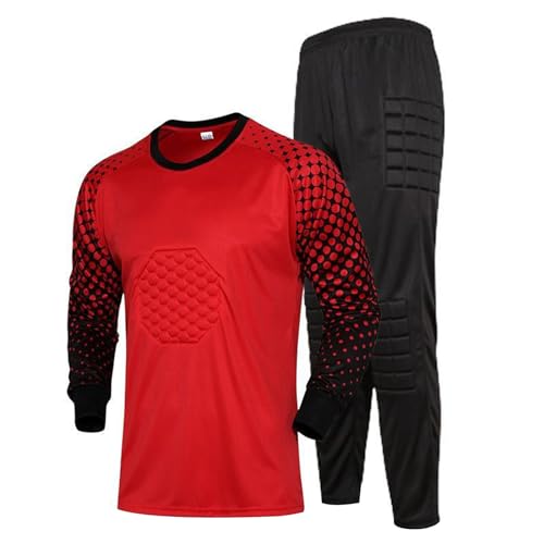 YiZYiF Kinder Torwarttrikot Set Fußball Uniform Torwarttrikot Hose Set Kompressionsshirt Und Protektionshose gepolstert für Jungen A_Rot 134-140/9-10 Jahre von YiZYiF