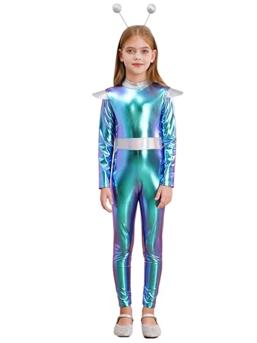 YiZYiF Mädchen Alien Space Girl Overall Metallic Jumpsuit Kopfschmuck Glitzer Turnanzug Kinder Karneval Halloween Tanzoverall Blau 110-116 von YiZYiF