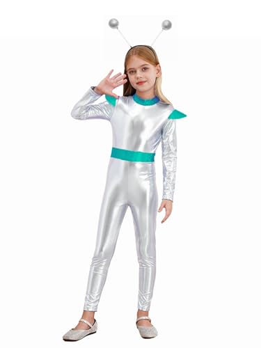 YiZYiF Mädchen Alien Space Girl Overall Metallic Jumpsuit Kopfschmuck Glitzer Turnanzug Kinder Karneval Halloween Tanzoverall Silber 122-128 von YiZYiF
