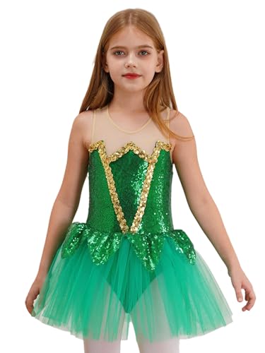 YiZYiF Mädchen Ballett Tanzkleid Glitzer Grüne Elf Kleid ärmellos Pailletten Ballettbody Trikot Mit Tütü Rock Kinder Show Party Tanzkleidung Grün 158-164 von YiZYiF