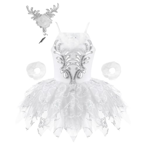 YiZYiF Mädchen Ballettanzug Ballettkleid Ballett Trikot Tanz-Kleider Kinder Ballettbekleidung Turnanzug Gr. 98-164 Weiß B 122-128 von YiZYiF