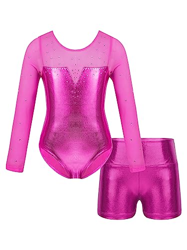 YiZYiF Kinder Mädchen Ballettanzug Langarm Turnanzug Glitzer Gymnastik Ballett Trikot Body mit Strass Tüll-Spleiß Training Dancewear Rose_Set 122-128 von YiZYiF