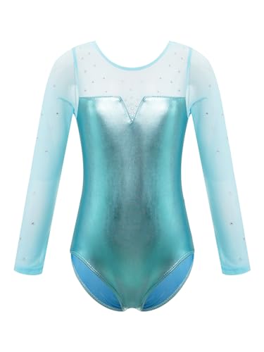 YiZYiF Kinder Mädchen Ballettanzug Langarm Turnanzug Glitzer Gymnastik Ballett Trikot Body mit Strass Tüll-Spleiß Training Dancewear Türkis 122-128 von YiZYiF