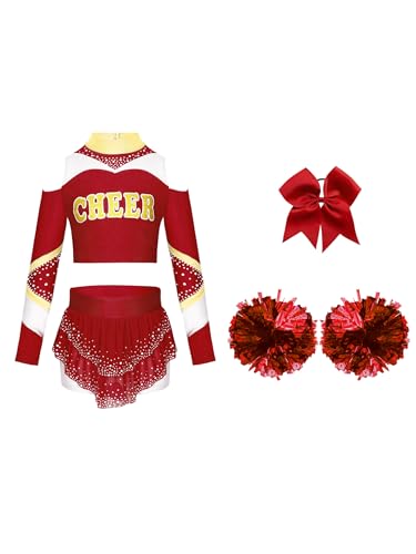 YiZYiF Mädchen Cheer Leader Outfit Cheerleading Top Rock Pompoms Und Haargummi Kinder Karneval Fasching Tanz Outfit Burgundy 134-140 von YiZYiF