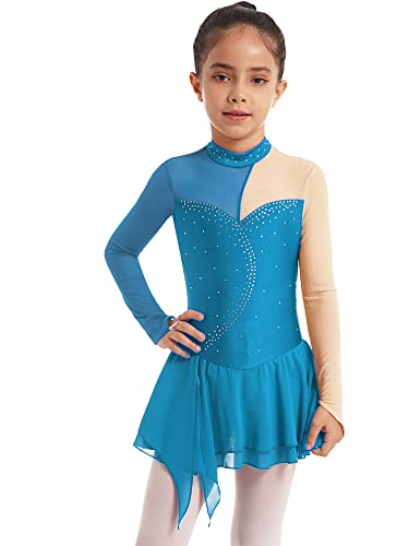 YiZYiF Mädchen Eiskunstlauf Kleid Langarm Rhythmische Gymnastik Ballett Trikot Kleid mit Strass Latein Tanzkleidung Rollschuhlauf Wettbewerb A_Hellblau 134-140/9-10 Jahre von YiZYiF