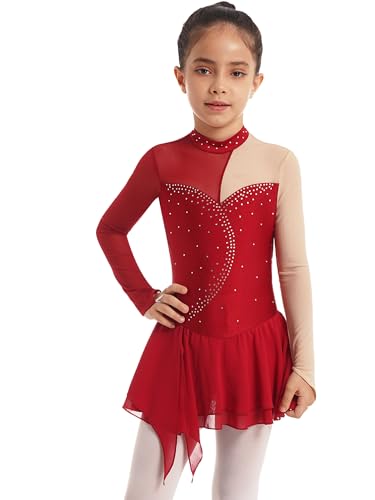 YiZYiF Mädchen Eiskunstlauf Kleid Langarm Rhythmische Gymnastik Ballett Trikot Kleid mit Strass Latein Tanzkleidung Rollschuhlauf Wettbewerb A_Rot 122-128/7-8 Jahre von YiZYiF