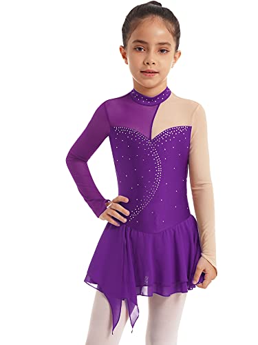 YiZYiF Mädchen Eiskunstlauf Kleid Langarm Rhythmische Gymnastik Ballett Trikot Kleid mit Strass Latein Tanzkleidung Rollschuhlauf Wettbewerb A_Violett 122-128/7-8 Jahre von YiZYiF