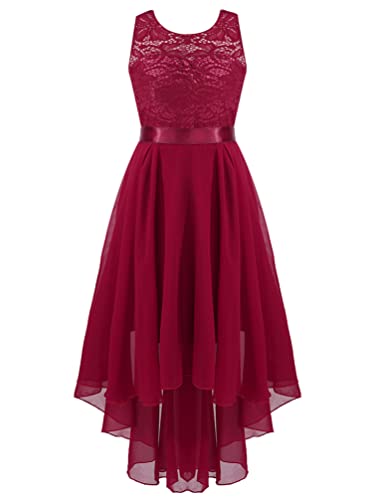 YiZYiF Mädchen Festliche Kleider Blumenmädchen Brautjungfern Kleider Hochzeit Party Kleid Festzug Spitze Hi-Lo Kleid Burgundy_B 140-152/10-12 Jahre von YiZYiF
