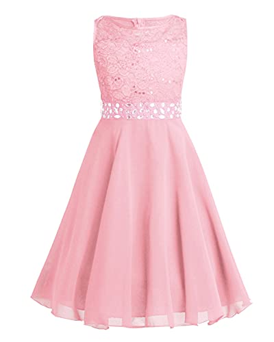 YiZYiF Mädchen Festliche Kleider Hochzeit Blumenmädchenkleider Spitze Chiffon Prinzessin Kleid Festzug Kommunion Partykleid Perle Rosa 140 von YiZYiF