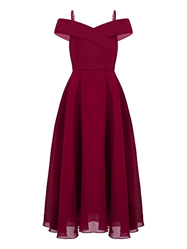 YiZYiF Mädchen Festliches Kleid Elegante Hochzeit Brautjungfern Kleider Partykleid Schulterfrei Chiffon Prinzessin Kleider Maxilang A Burgundy 158-164/13-14 Jahre von YiZYiF