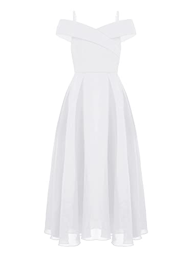 YiZYiF Mädchen Festliches Kleid Elegante Hochzeit Brautjungfern Kleider Partykleid Schulterfrei Chiffon Prinzessin Kleider Maxilang A Weiß 170-176 von YiZYiF