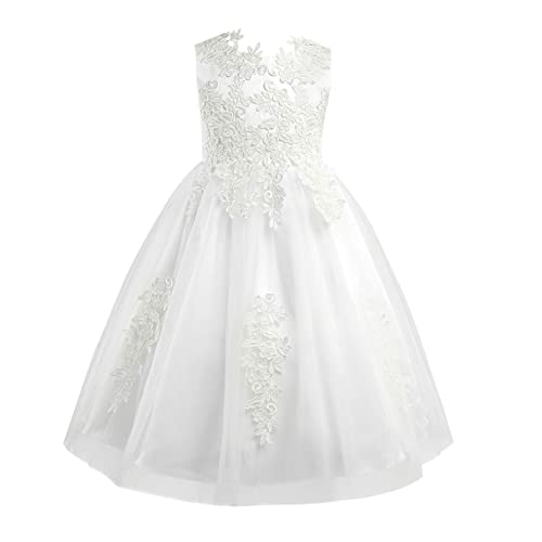 YiZYiF Mädchen Festliches Kleid Kommunionskleider Spitze Tüll Prinzessin Kleid Kinder Ballkleid Hochzeit Festzug Partykleid Weiß Gr. 92-164 Elfenbein_D 140/10 Jahre von YiZYiF