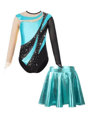 YiZYiF Mädchen Gymnastikanzug Langarm Mit Rock Kinder Turnanzug Trikot Rock Set Glänzende Ballett Tanzkleidung Eislaufen Outfit Türkis_A 146-152 von YiZYiF