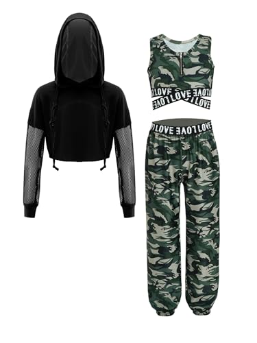 YiZYiF Mädchen Hip Hop Dance Kleidung Street Dance Outfit Jazz Dancewear Hoodie Tank Top Und Hose Kinder Sport Training Set Tanzkleidung Tarngrün 122-128 von YiZYiF