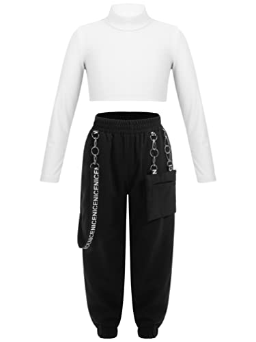 YiZYiF Mädchen Hip Hop Kleidung Kinder Street Dance Outfit Crop Top Langarmshirt Baggy Jogger Hose Tanzoutfit Karneval Fasching Tanzkostüm Elfenbein 134-140/9-10 Jahre von YiZYiF