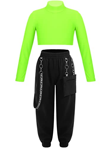 YiZYiF Mädchen Hip Hop Kleidung Kinder Street Dance Outfit Crop Top Langarmshirt Baggy Jogger Hose Tanzoutfit Karneval Fasching Tanzkostüm Gelb-Grün 158-164/13-14 Jahre von YiZYiF