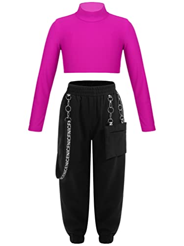 YiZYiF Mädchen Hip Hop Kleidung Kinder Street Dance Outfit Crop Top Langarmshirt Baggy Jogger Hose Tanzoutfit Karneval Fasching Tanzkostüm Rose 158-164/13-14 Jahre von YiZYiF