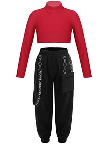 YiZYiF Mädchen Hip Hop Kleidung Kinder Street Dance Outfit Crop Top Langarmshirt Baggy Jogger Hose Tanzoutfit Karneval Fasching Tanzkostüm Rot 134-140/9-10 Jahre von YiZYiF