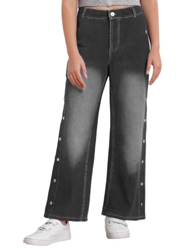 YiZYiF Mädchen Jeans Gerade Mit Seitlicher Knopfleiste Zum Öffnen Kinder Weite Denim Freizeithose Schwarz 122-128 von YiZYiF