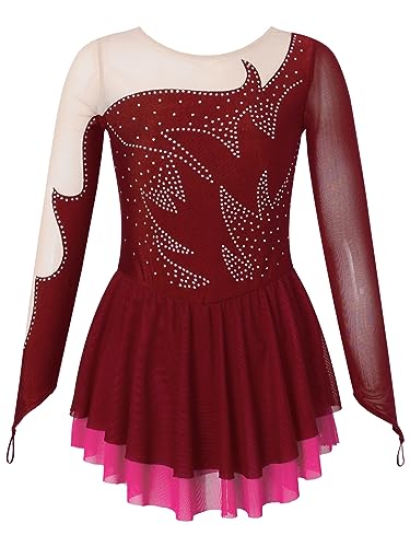 YiZYiF Mädchen Kinder Eiskunstlauf Kleid Langarm Tanzkleid Glitzer Ballett Trikot Rollschuhkleid Turnanzug Wettbewerb Tanzkleidung Burgundy_F 122-128 von YiZYiF