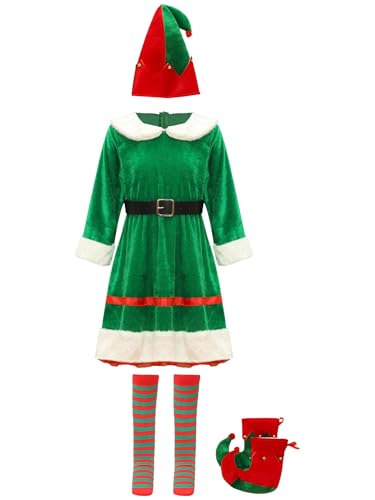 YiZYiF Mädchen Kinder Weihnachten Elf Outfit Zubehör Kleid Set Wichtel Santas Kleiner Helfer Verkleidung Für Weihnachtsparty Fasching Grün 122-128 von YiZYiF