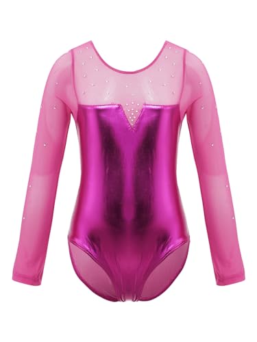 YiZYiF Kinder Mädchen Ballettanzug Langarm Turnanzug Glitzer Gymnastik Ballett Trikot Body mit Strass Tüll-Spleiß Training Dancewear Rosa Rot 110-116 von YiZYiF