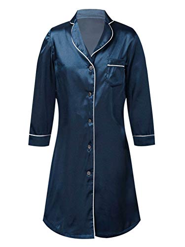 YiZYiF Mädchen Lange Ärmel Nachthemd Glänzende Seide Optik Schlafkleid Revers Shirt Bluse Top Lose Pyjama Nachtwäsche Sleepwear für Kinder Navy Blau 110-116 von YiZYiF