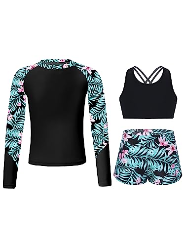 YiZYiF Mädchen Rashguard Langarm Bikini Tankini Set Sonnenschutz Bademode Schwimmshirt Badeslip Strandmode Schwimmbekleidung A_Schwarz 158-164 von YiZYiF