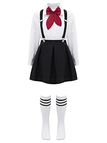 YiZYiF Mädchen Schuluniform Japan England Schulmädchen Kostüm Chor Matrosenkleid Hemd Und Hosenträger Rock Fliege Set C_Schwarz 158-164/13-14 Jahre von YiZYiF