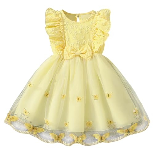 YiZYiF Mädchen Sommerkleid Süßes Schmetterling Blumenstickerei Tutu Kleid Mit Flatterärmel Party Geburtstag Outfit Gelb 98-104 von YiZYiF