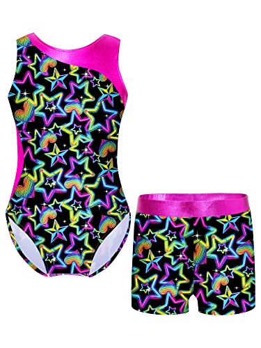 YiZYiF Mädchen Turnanzug Glänzend Gymnastik Leotards Ballett Trikot Tanz Body mit Shorts Kurze Hose Sport Overall Yoga Set Wettbewerb Tanzkostüm A_Pentagramm-Schwarz 110-116 von YiZYiF