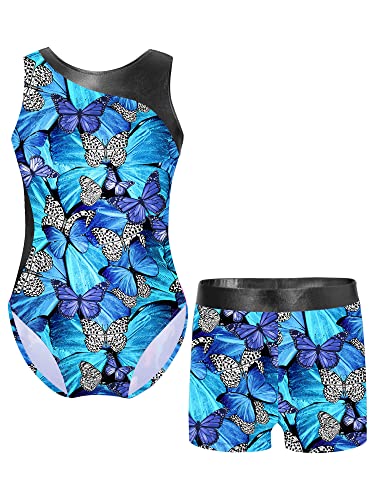 YiZYiF Mädchen Turnanzug Glänzend Gymnastik Leotards Ballett Trikot Tanz Body mit Shorts Kurze Hose Sport Overall Yoga Set Wettbewerb Tanzkostüm A_Schmetterling-Blau 134-140 von YiZYiF